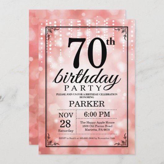 70e verjaardag uitnodiging roze glitter (Voorkant / Achterkant)