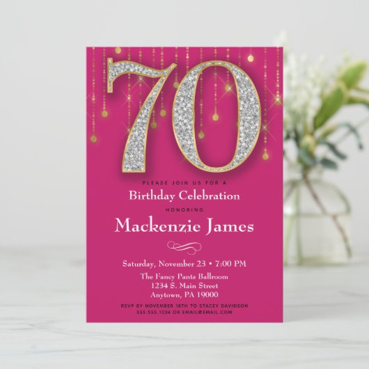 70e verjaardag Uitnodiging Roze Gold Diamonds Adul (Staand voorkant)
