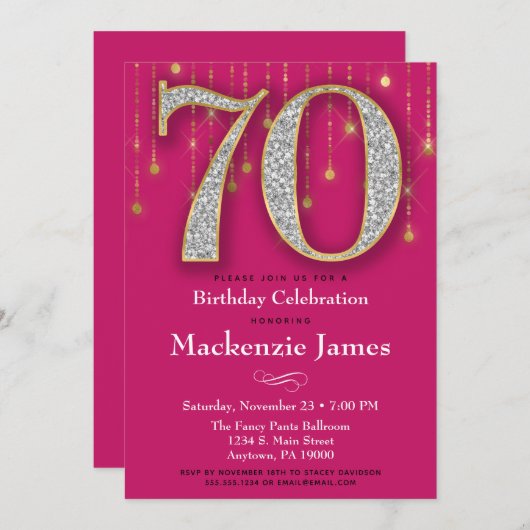 70e verjaardag Uitnodiging Roze Gold Diamonds Adul (Voorkant / Achterkant)