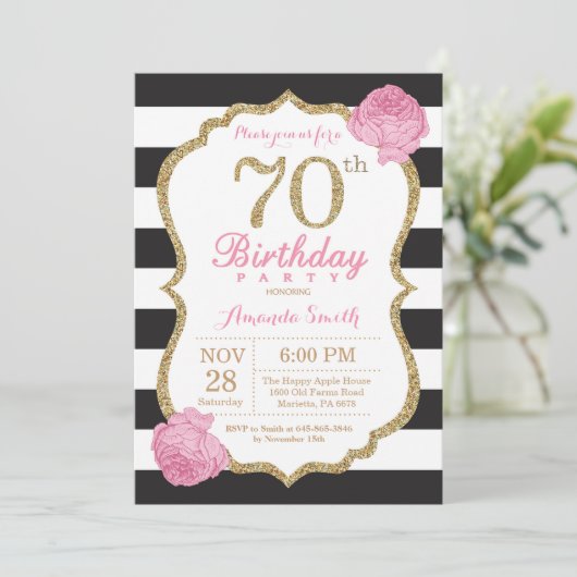 70e verjaardag Uitnodiging roze zwarte goudbloem (Staand voorkant)