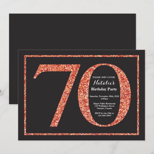 70e verjaardag Uitnodiging Sinaasappel Glitter Cha (Voorkant / Achterkant)