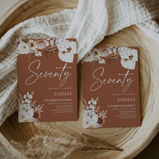 70e Verjaardag Uitnodiging Terracotta Boho Pampas