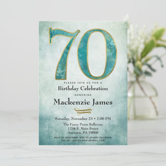 70e verjaardag Uitnodiging Turquoise Blue Gold Adu (Staand voorkant)