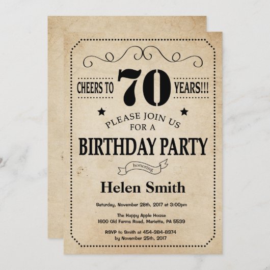 70e verjaardag Uitnodiging Uitnodiging Rustic  Ret (Voorkant / Achterkant)