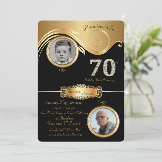 70e verjaardag uitnodiging voor een feest, zwart e (Staand voorkant)