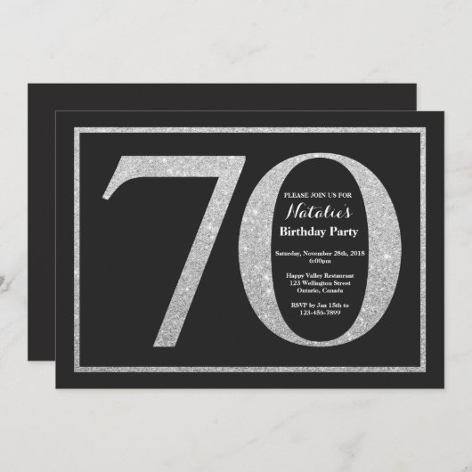 70e verjaardag uitnodiging Zilveren glitter school (Voorkant / Achterkant)