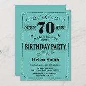 70e verjaardag Uitnodiging zwart en Blauwgroen (Voorkant / Achterkant)