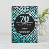 70e verjaardag uitnodiging zwart en Blauwgroen gli (Staand voorkant)