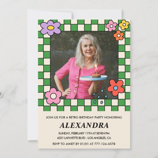 70e verjaardag uitnodigingen Retro Groovy Bloemen (Voorkant)