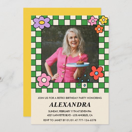 70e verjaardag uitnodigingen Retro Groovy Bloemen (Voorkant / Achterkant)