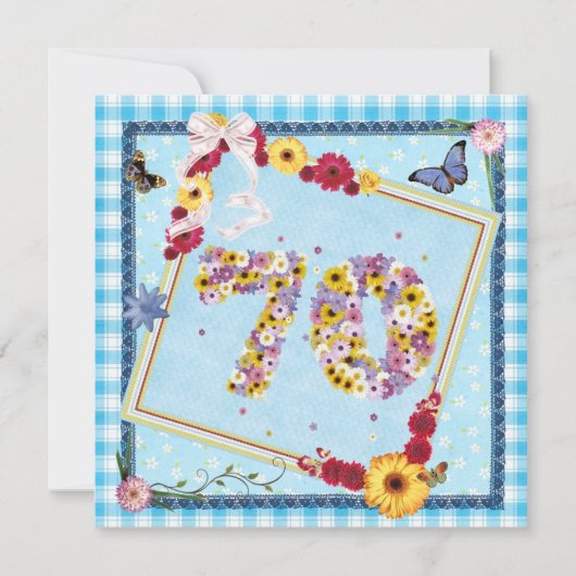 70e verjaardag Uitnodigingsbloemen, vlinders Kaart (Voorkant)