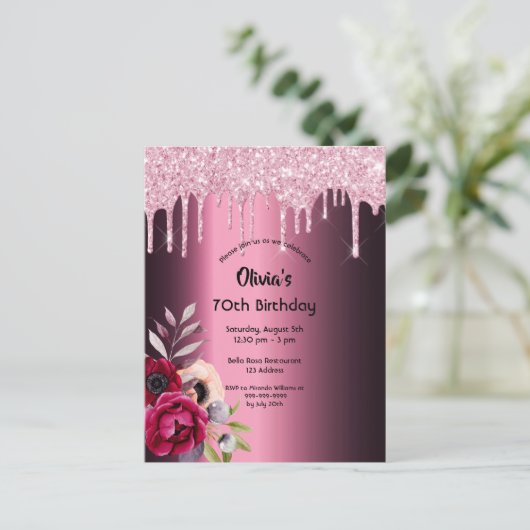 70e verjaardag van de bogundy paarse glitter - uit briefkaart (Staand voorkant)