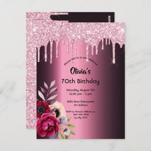 70e verjaardag van de bogundy paarse glitter - uit briefkaart (Voorkant / Achterkant)