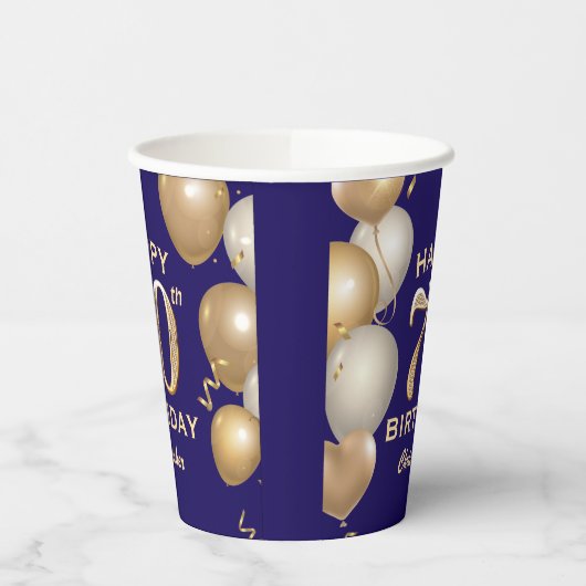 70e verjaardag van de marineblauw en goudballonnen papieren bekers (Links)
