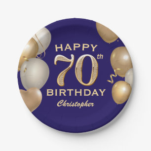 70e verjaardag van de marineblauw en goudballonnen papieren bordje