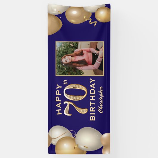70e verjaardag van de marineblauw en goudballonnen spandoek (Verticaal)