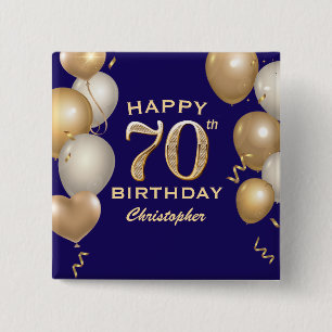 70e verjaardag van de marineblauw en goudballonnen vierkante button 5,1 cm