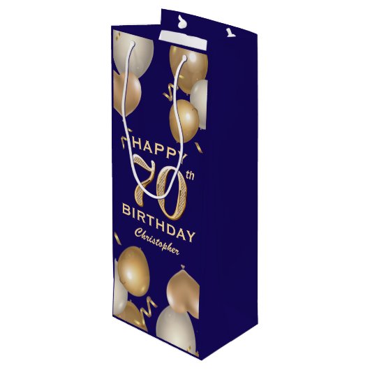 70e verjaardag van de marineblauw en goudballonnen wijn cadeautas (Achterkant Gekanteld)