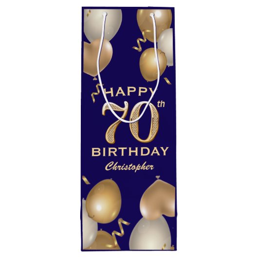 70e verjaardag van de marineblauw en goudballonnen wijn cadeautas (Achterkant)