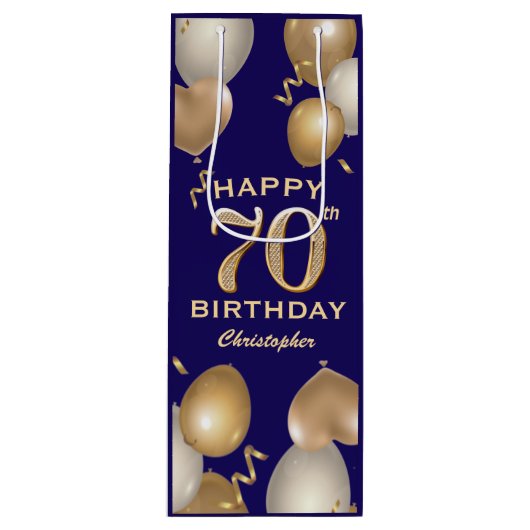70e verjaardag van de marineblauw en goudballonnen wijn cadeautas (Voorkant)