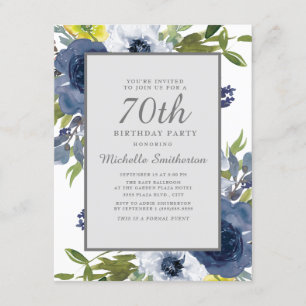 70e verjaardag van de marinegeel-witte Floral-blad Kaart