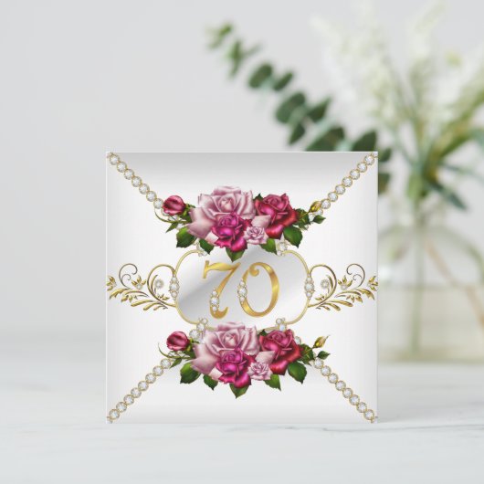 70e verjaardag van de roze roze rozen White Gold Kaart (Staand voorkant)