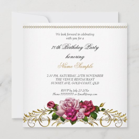 70e verjaardag van de roze roze rozen White Gold Kaart (Achterkant)