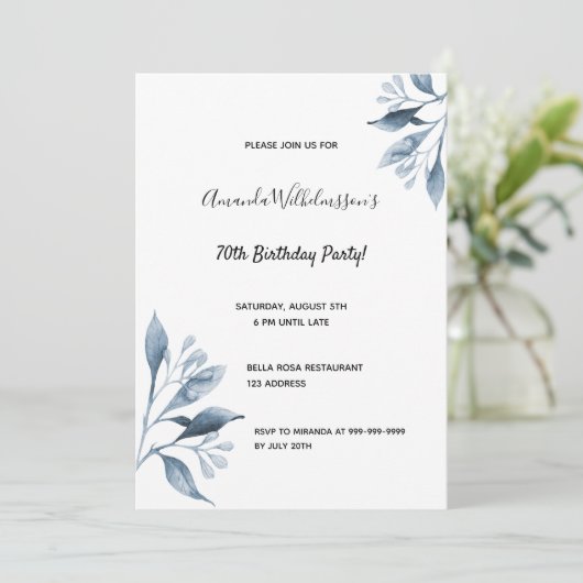 70e verjaardag van de witte blauwe bloem botanisch kaart (Staand voorkant)