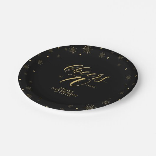 70e verjaardag van gouden en zwarte sparkle-kaas papieren bordje (Gekanteld)