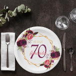 70e verjaardag van het feest van de Bourgogne bloe Papieren Bordje<br><div class="desc">Een bord voor een 70ste verjaardagsfeestje. Een witte achtergrond met een faux goud geometrisch lijst. Gedemoreerd met donkere paars en geweerloze bloemen, rozen en boho-veren. Sjablonen voor een naam, leeftijd 80 en een datum. Geboortedatum of -datum van de partij. De naam wordt geschreven met een handgeschreven stijlmanuscript, roze gekleurde brieven,...</div>