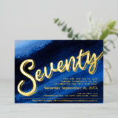 70e verjaardag van het goudfeest sapphire blue folie uitnodiging (Staand Voorkant)