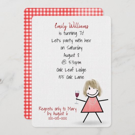 70e verjaardag van het meisje met wijn kaart (Voorkant / Achterkant)