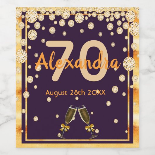 70e verjaardag van paarse gouddiamanten wijn etiket (Enkel label)