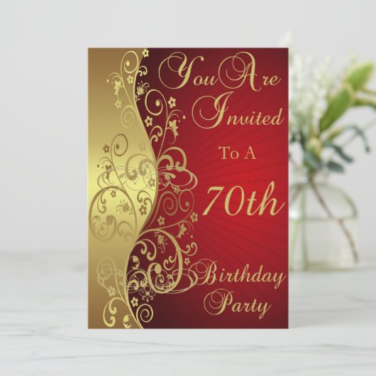 70e verjaardag van Red and Gold Swirl Kaart (Staand voorkant)