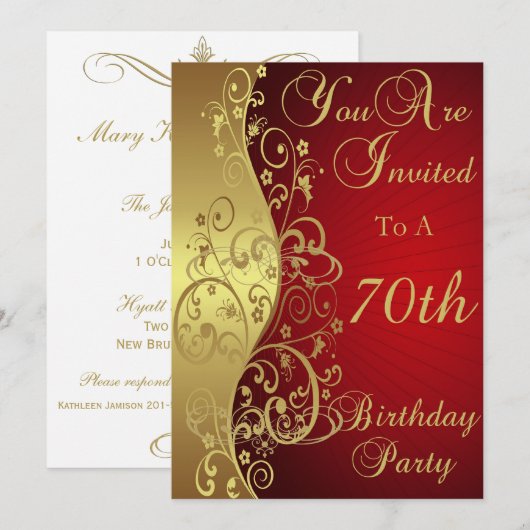 70e verjaardag van Red and Gold Swirl Kaart (Voorkant / Achterkant)