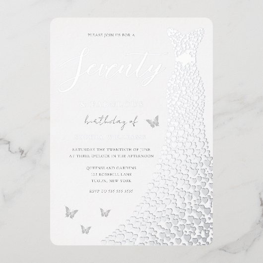 70e verjaardag van Silver Foil Heart Dress Real Folie Uitnodiging (Voorkant)