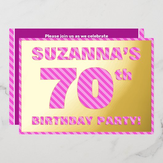 70e verjaardag — Vet, vuurtje, roze band # 70 Folie Uitnodiging (Voorkant / Achterkant)