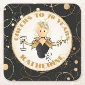 70e Verjaardag Vrouw Cartoon Goud Zwart Fabulous Kartonnen Onderzetters (Voorkant)
