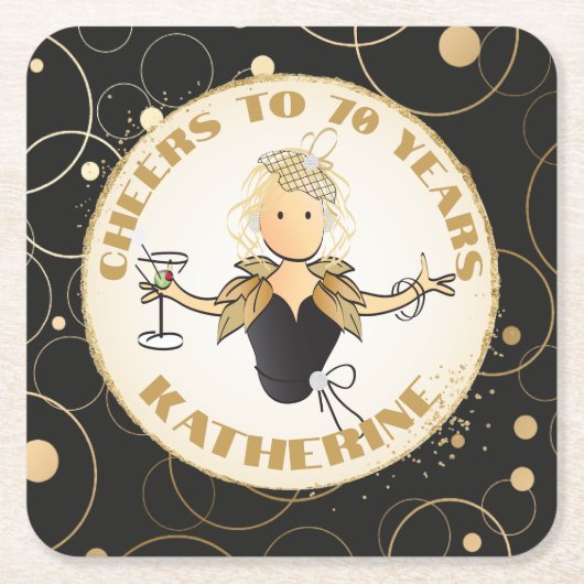 70e Verjaardag Vrouw Cartoon Goud Zwart Fabulous Kartonnen Onderzetters (Voorkant)