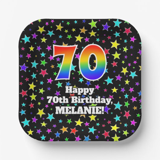 70e verjaardag: vun staarpatroon en regenboog "70" papieren bordje (Voorkant)