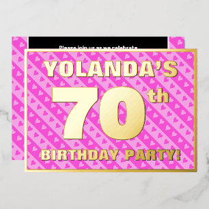 70e verjaardag — vuurroze harten en strips folie uitnodiging