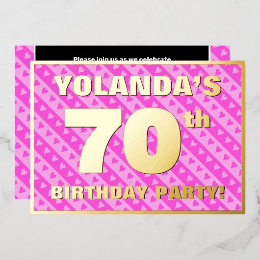 70e verjaardag — vuurroze harten en strips folie uitnodiging (Voorkant / Achterkant)