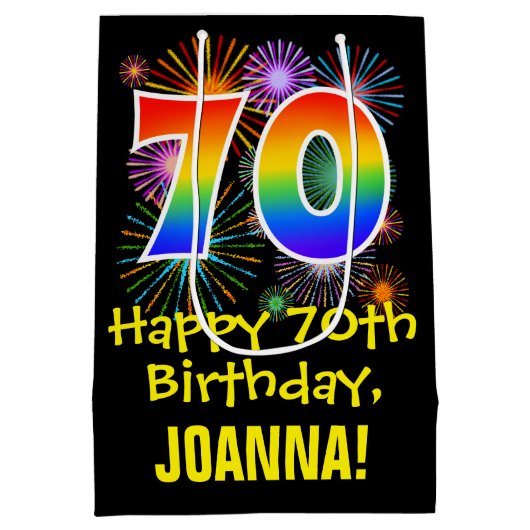 70e verjaardag: Vuurwerk Fun Pattern + Regenboog 7 Medium Cadeauzakje (Achterkant)