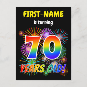 70e verjaardag - vuurwerk, regenboogblik "70" briefkaart