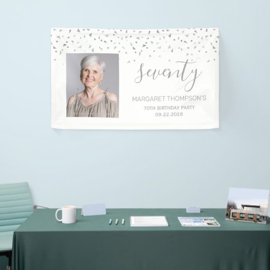 70e verjaardag White Silver Confetti Foto Spandoek (Beurs)