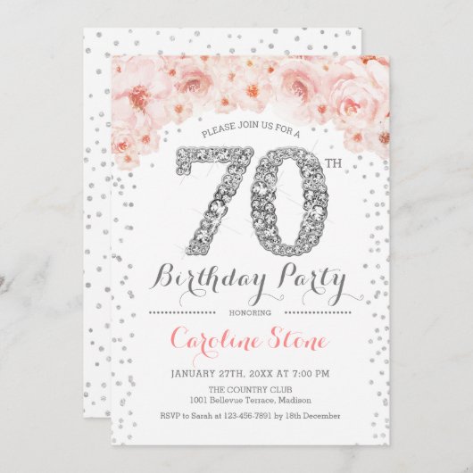 70e verjaardag - White Silver Pink Kaart (Voorkant / Achterkant)