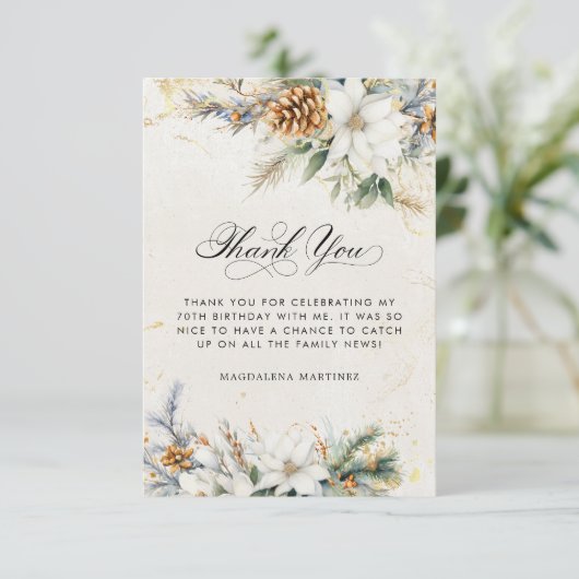 70e Verjaardag Winter White Floral Greenery Bedankkaart (Staand voorkant)