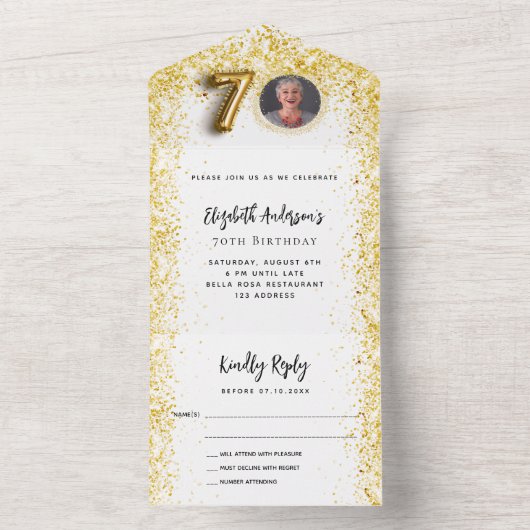 70e verjaardag wit goud fotofeest RSVP All In One Uitnodiging (Binnen)