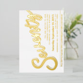 70e verjaardag, wit met gouden script folie uitnodiging (Staand Voorkant)