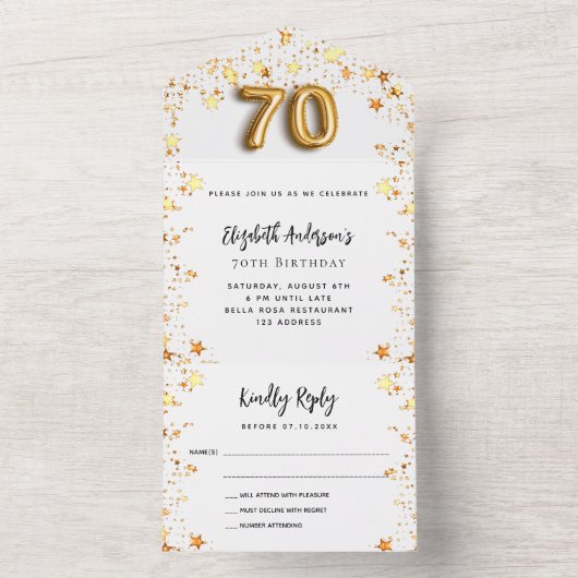70e verjaardag witte gouden sterren feest RSVP All In One Uitnodiging (Binnen)